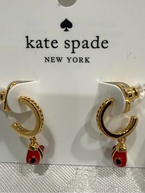 kate spade clear Stones and Gold Hoop Earrings with Red Ladybug Charms New